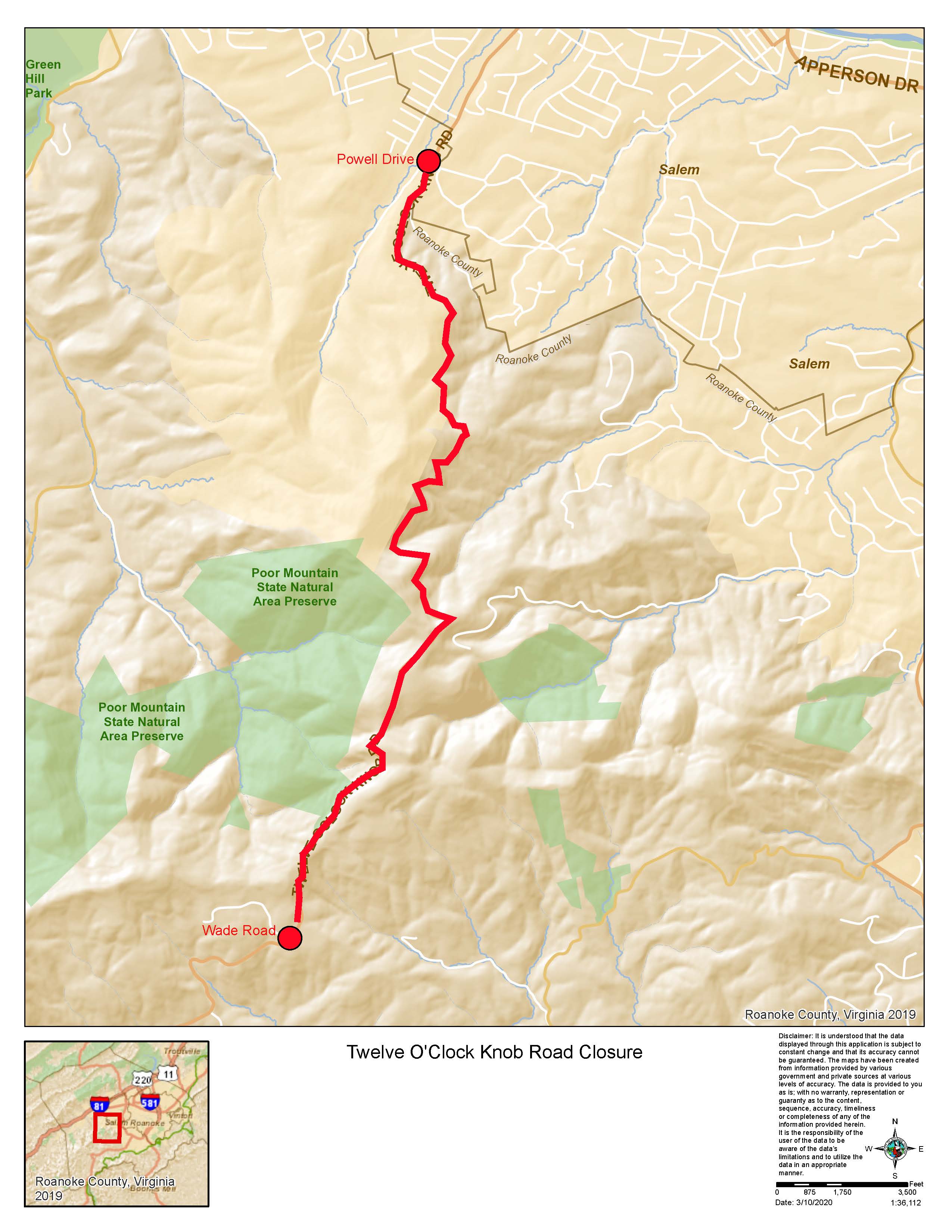 12 OClock Knob Road Closure Map 3/16/20 - 3/20/20