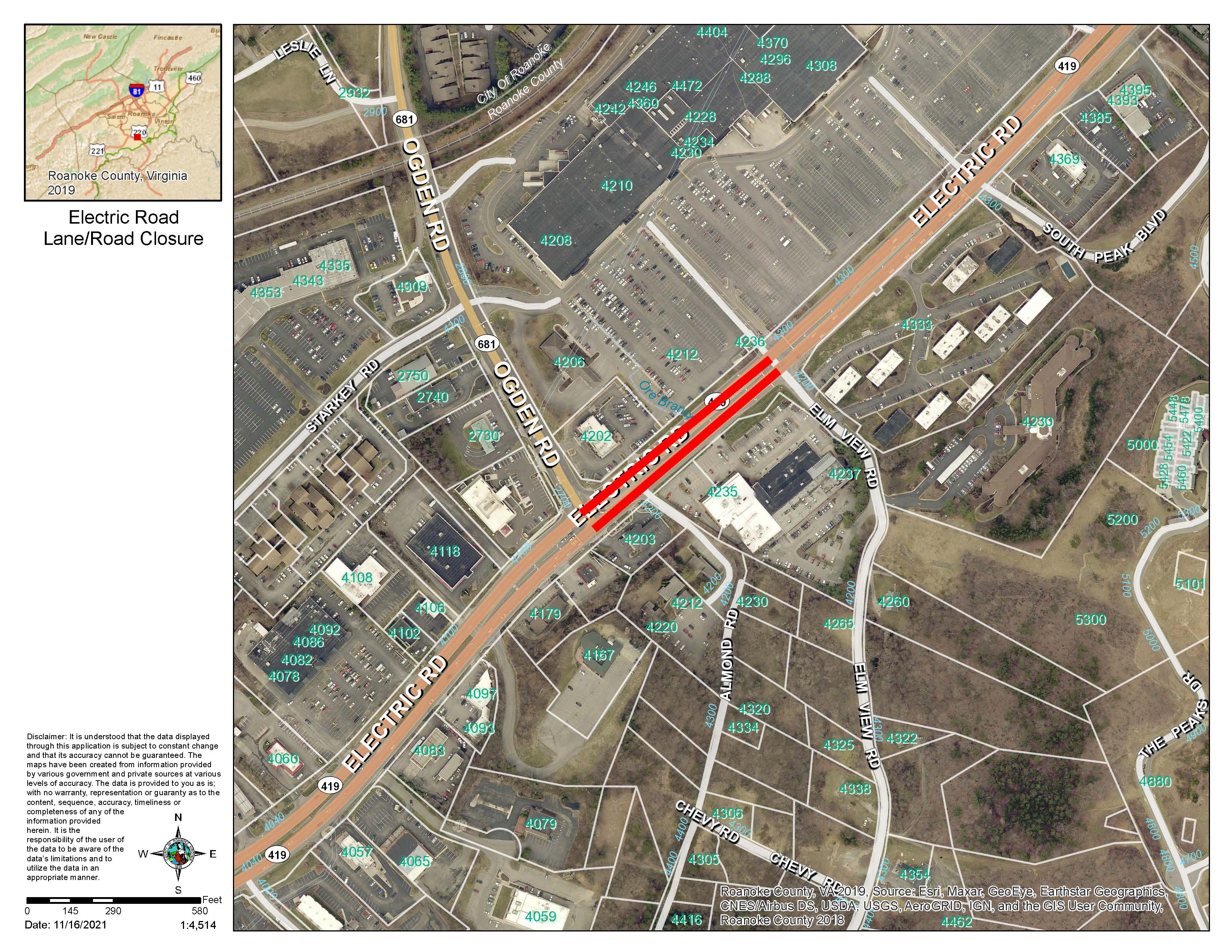 Electric Road Closure Map showing Closures from Ogden to Elm Avenue