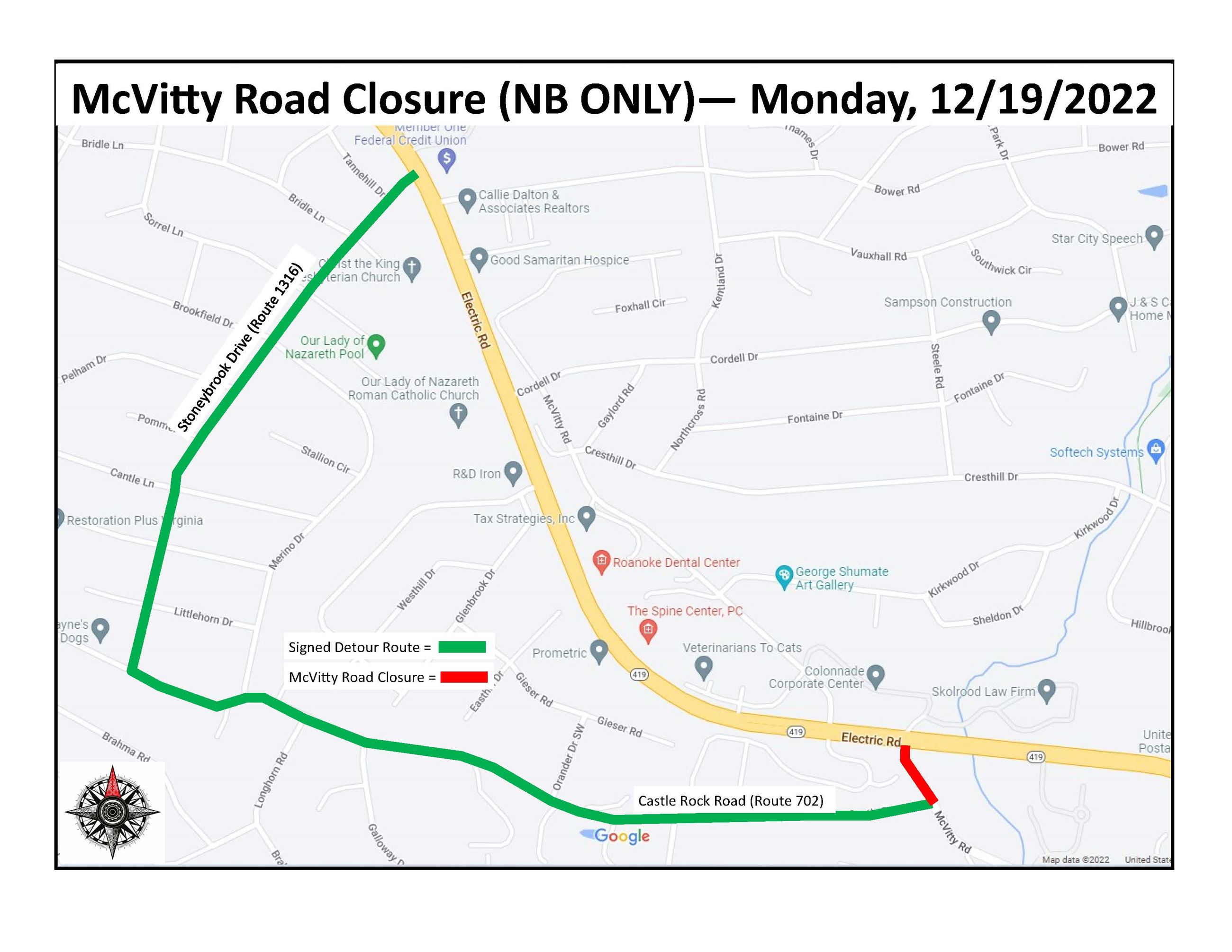 Map showing the detour route for the 12/19/22 McVitty lane closure