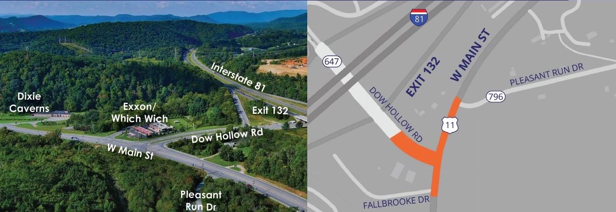 Side by side of aerial photo and map of the Dow Hollow Rd and Route 11 intersection