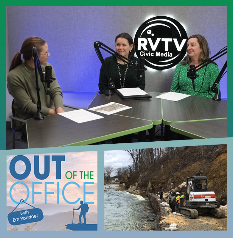 Three women sitting in a podcast studio