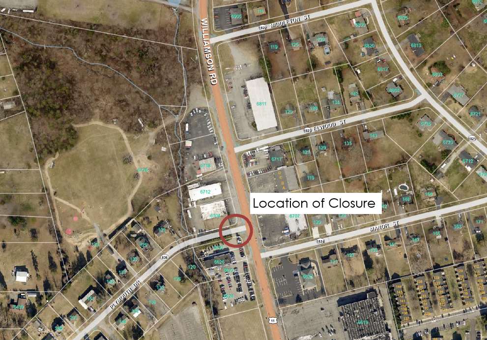A map showing a closure at Plymouth Drive