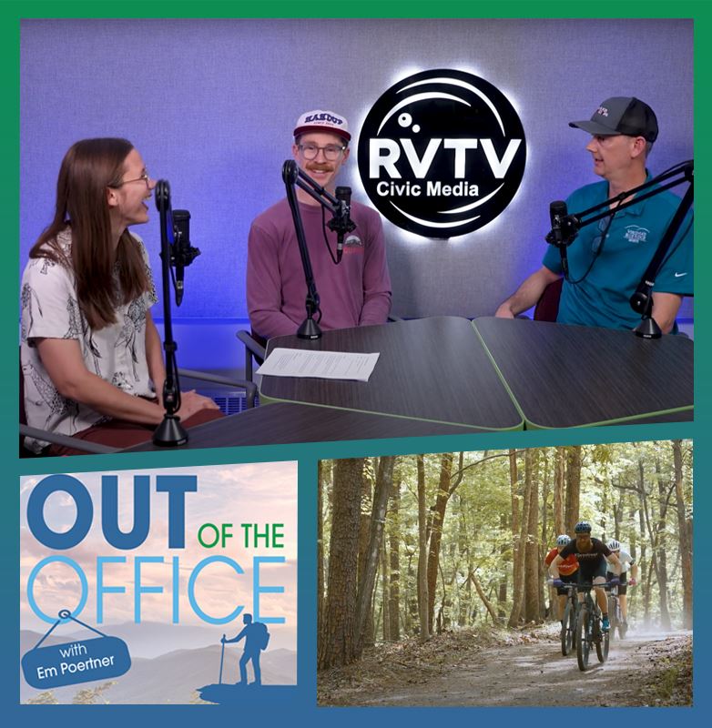 Three people sit in a podcast booth with an inset photo of mountain bikers