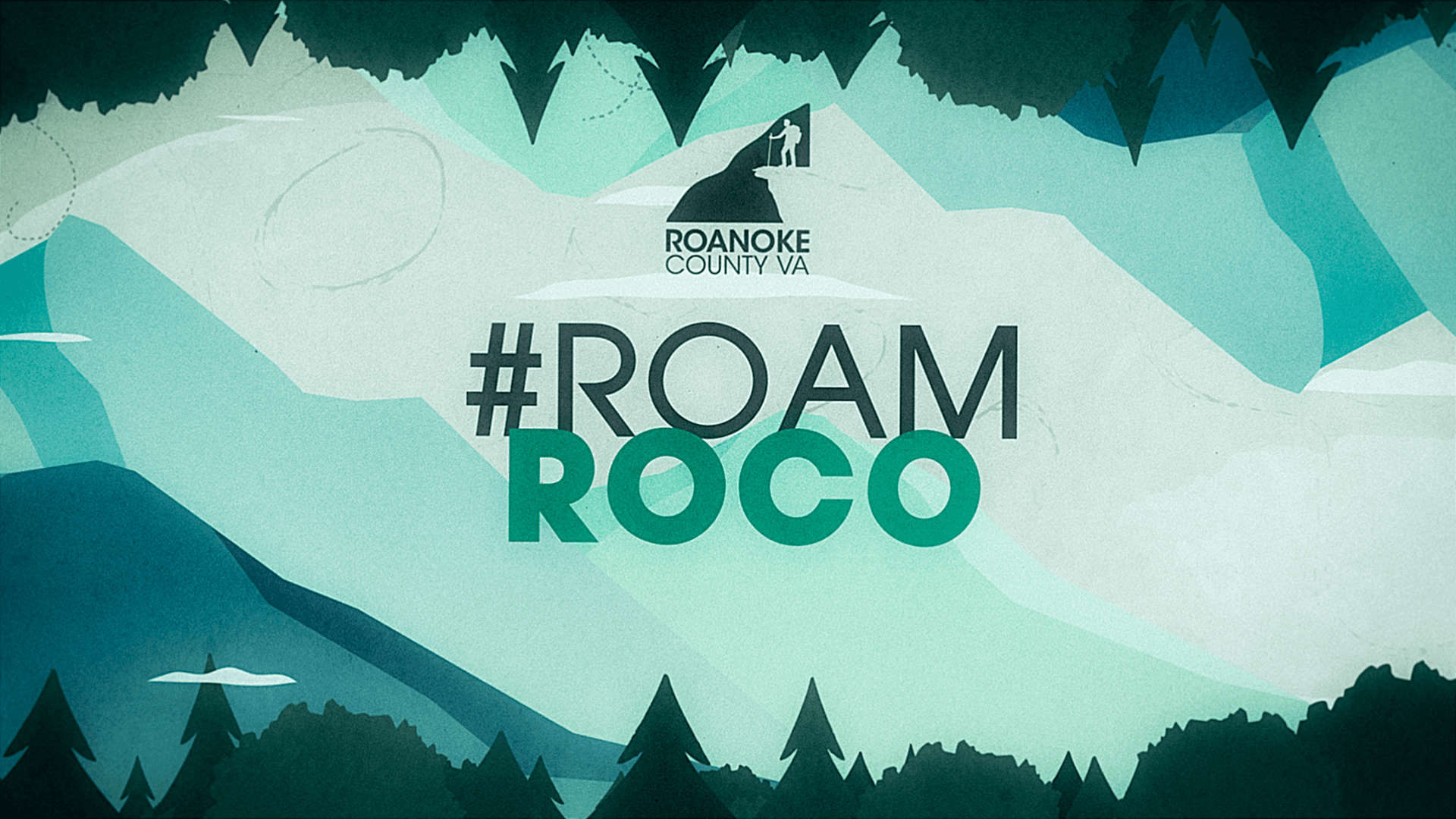 A graphic design of forests and mountains with the #RoamRoCo branding.